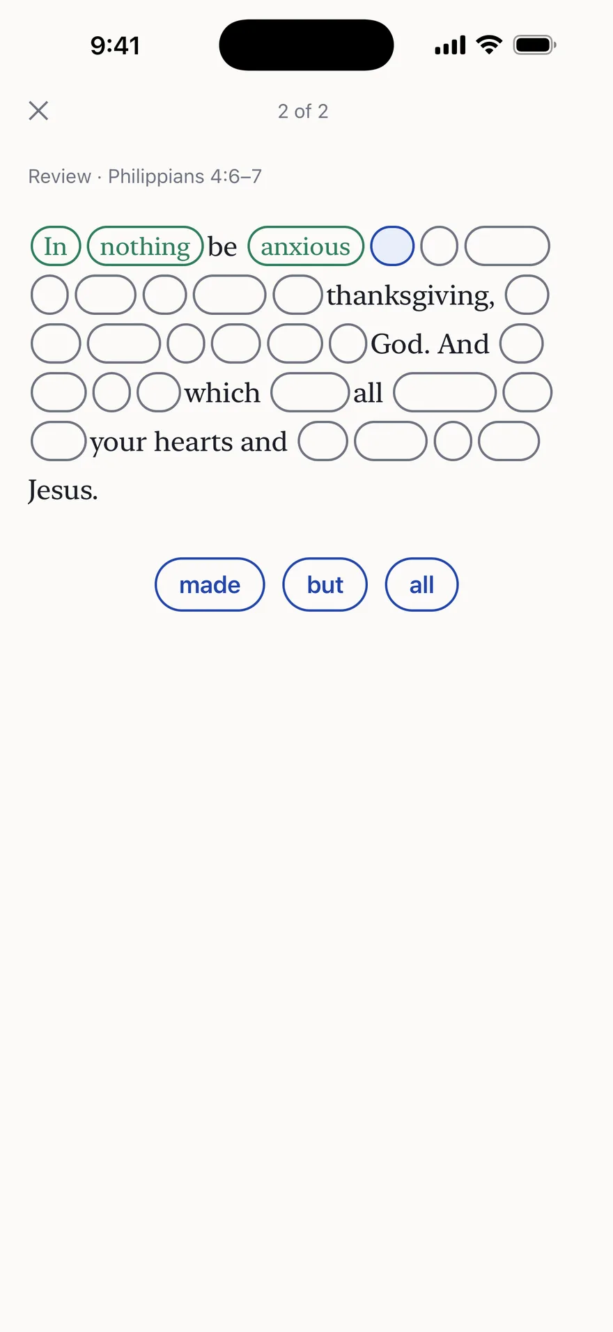 Fill in the blanks: Philippians 4:6–7 with most words removed, three answer chips below.